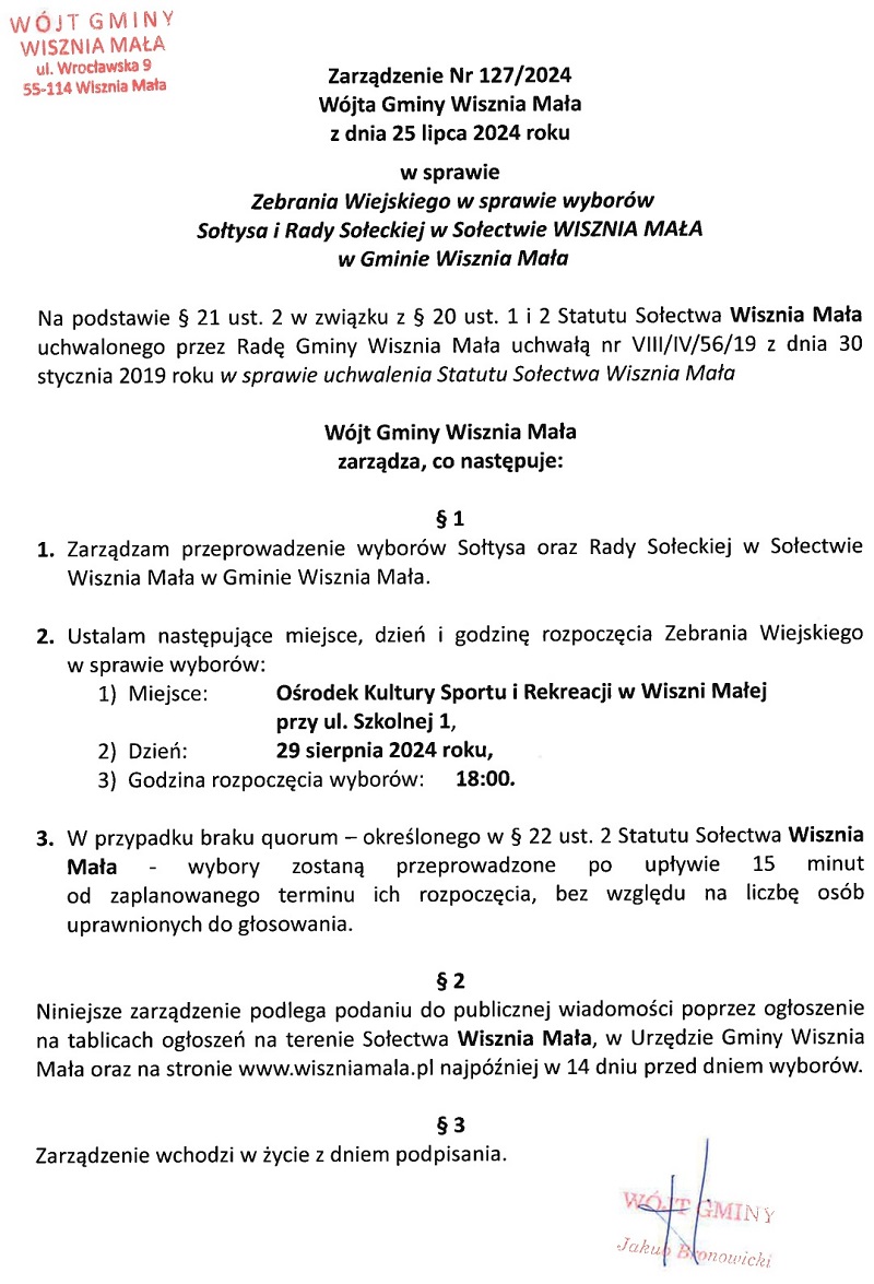 Obraz przedstawiający Zarządzenie dotyczące Zebrania Wiejskiego w sprawie wyborów Sołtysa Sołectwa Wisznia Mała