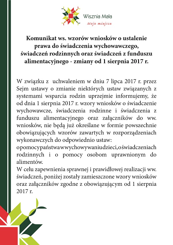 Obraz przedstawiający Komunikat dotyczący świadczenia wychowawczego, świadczeń rodzinnych oraz z funduszu alimentacyjnego,